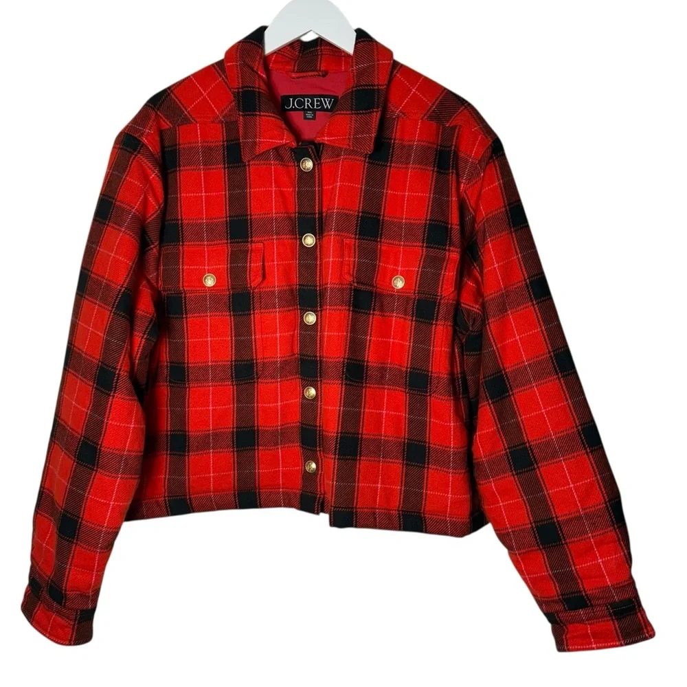 J. Crew Cropped Puffer Jacket‎ in Buffalo Check Vibrant Flame Size XXL